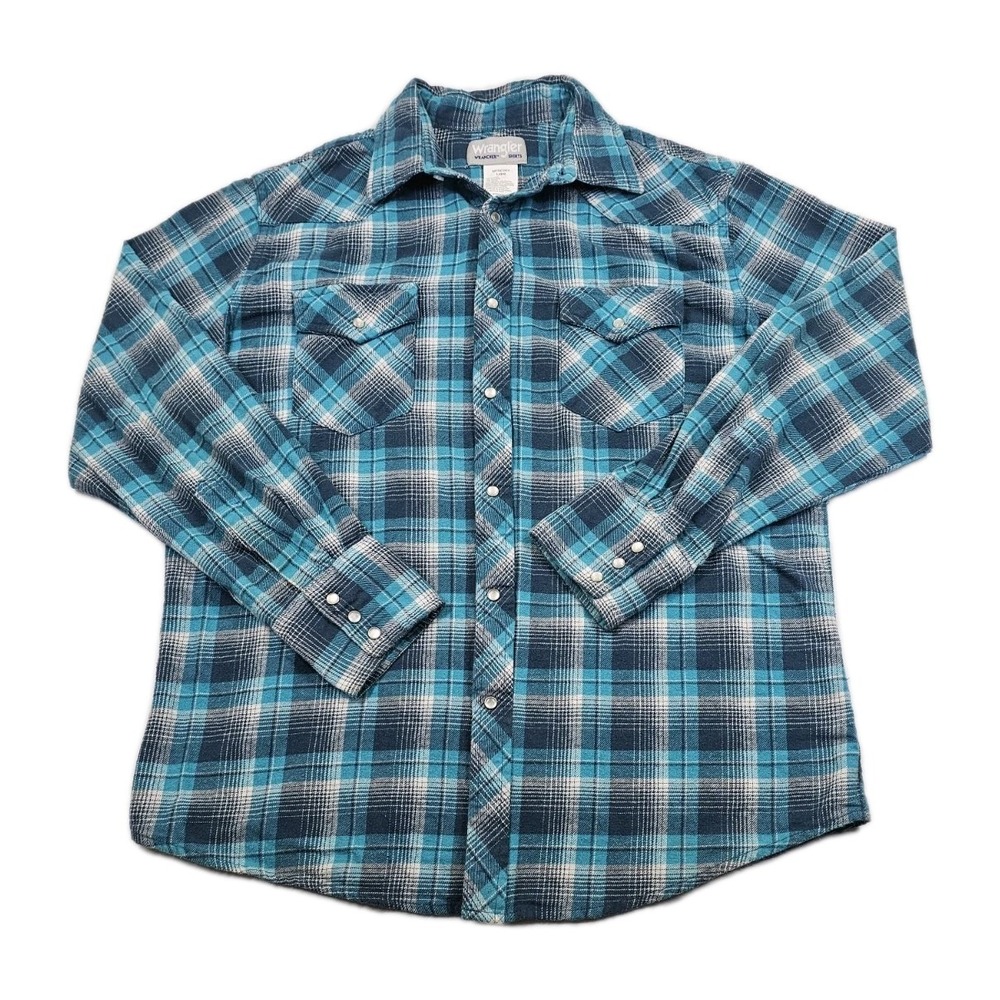 Wrangler Wrancher Pearl Snap Mens L Aqua Blue Teal Plaid Flannel Shirt MTSC053